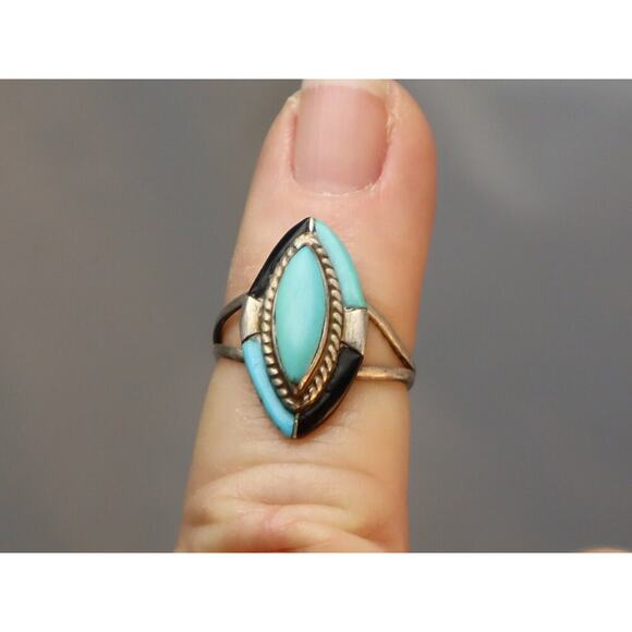 Turquoise Onyx Southwestern Sterling Ring Signed 4.5 - Picture 3 of 7